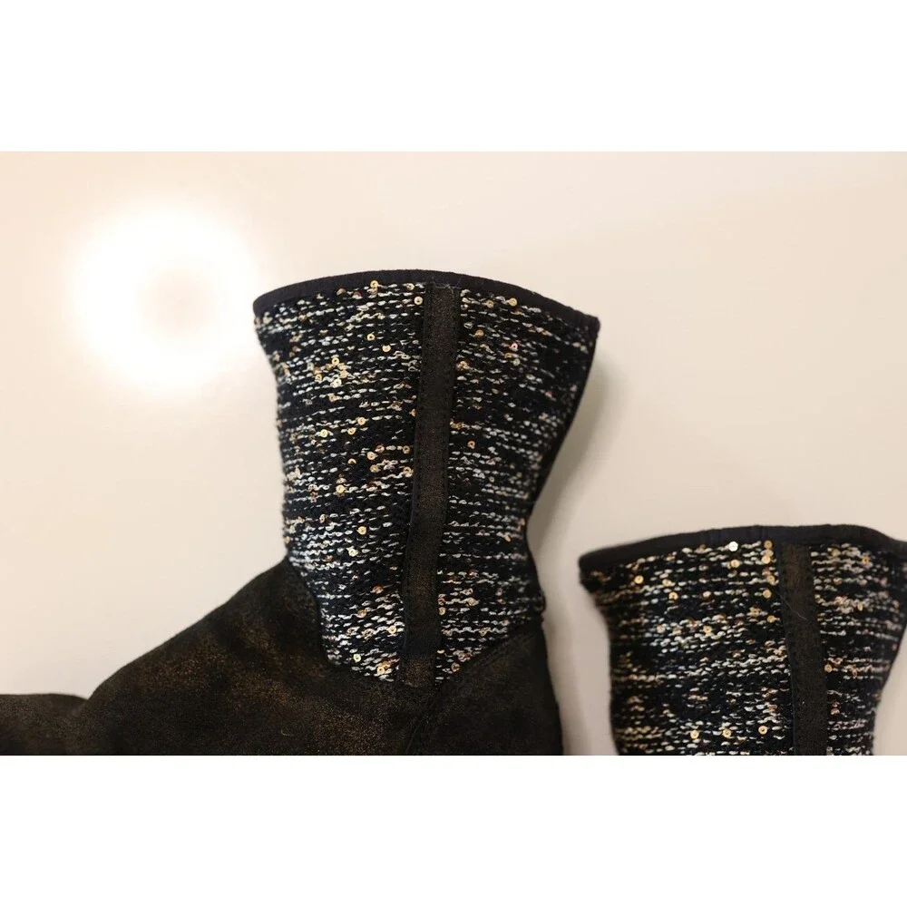 UGG Lyla Women's Gold/Black Metallic Leather Sequin Knit Ankle Boots Size 7